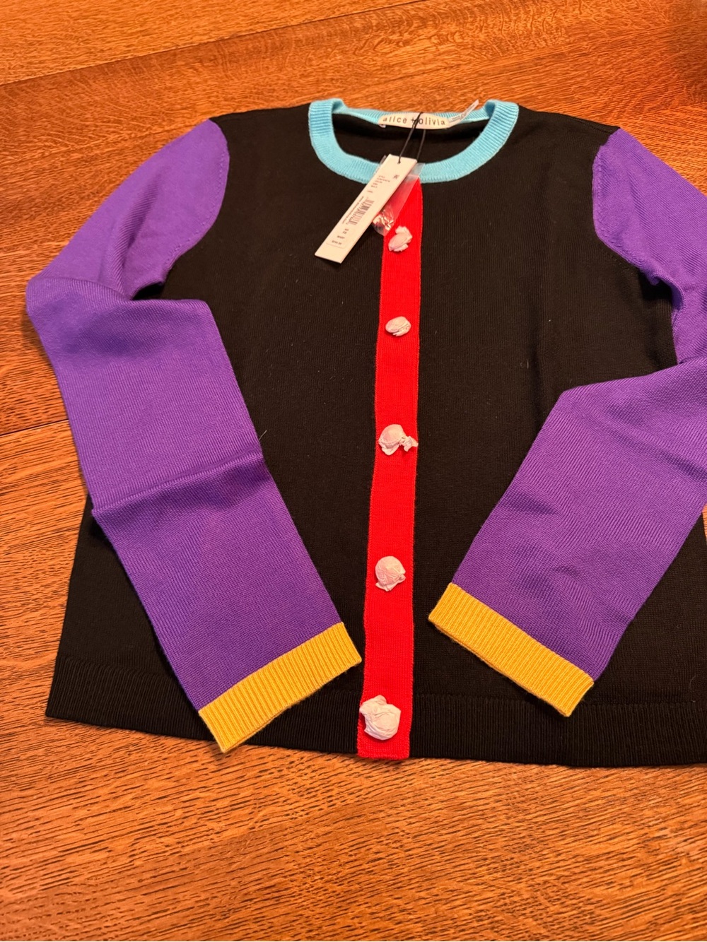 Alice + Olivia Black Cardigan with Teal Trim and Red Accent